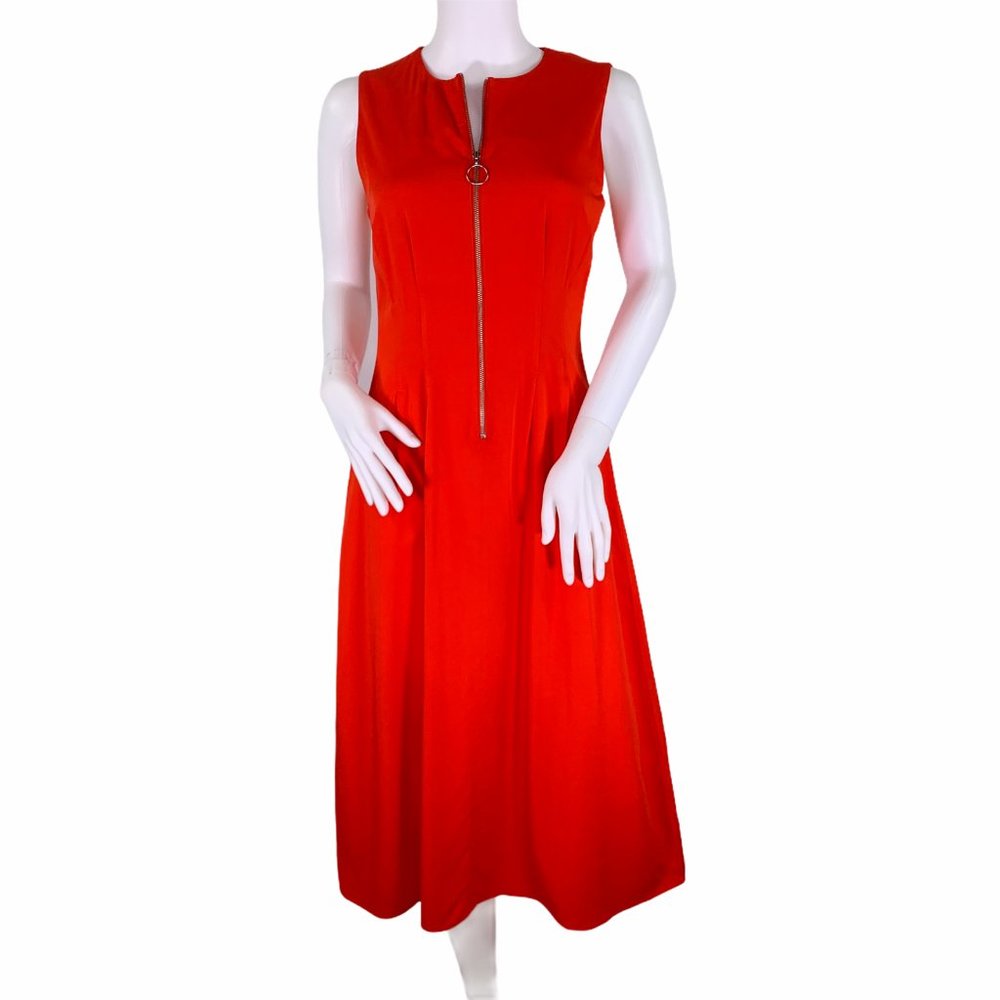 Warehouse. Orange Sleeveless Soft Flowy Front Zip A Line Midi Dress Size 4
